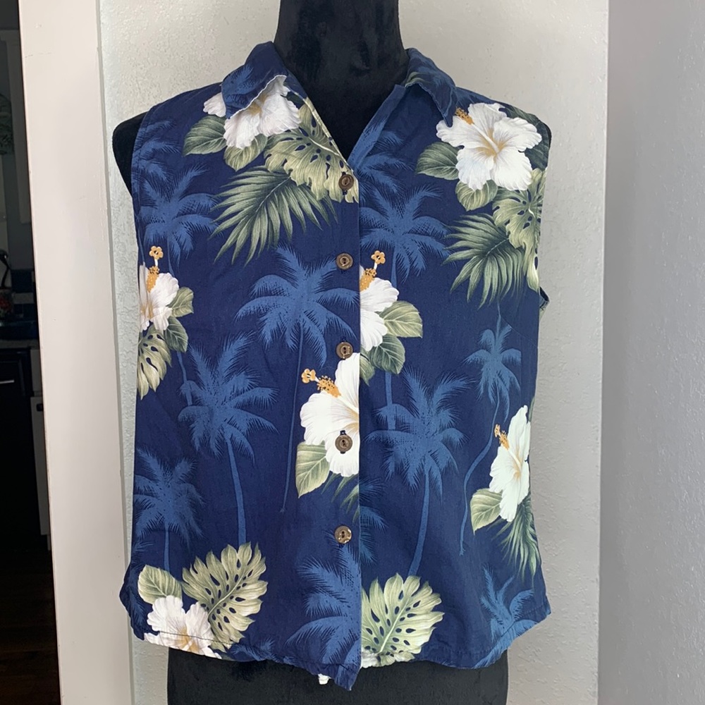Pacific Legend blue floral Hawaiian sleeveless shirt button up 100% cotton